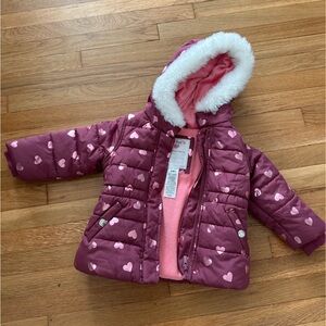 Carter's Pink and Berry Heart-Print Puffer Jacket with Faux-Fur Trim